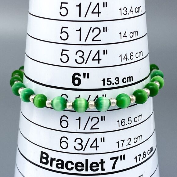 Green Cat's Eye Beaded Bracelet | Sterling Silver 925 | 6.75" - Picture 3 of 4